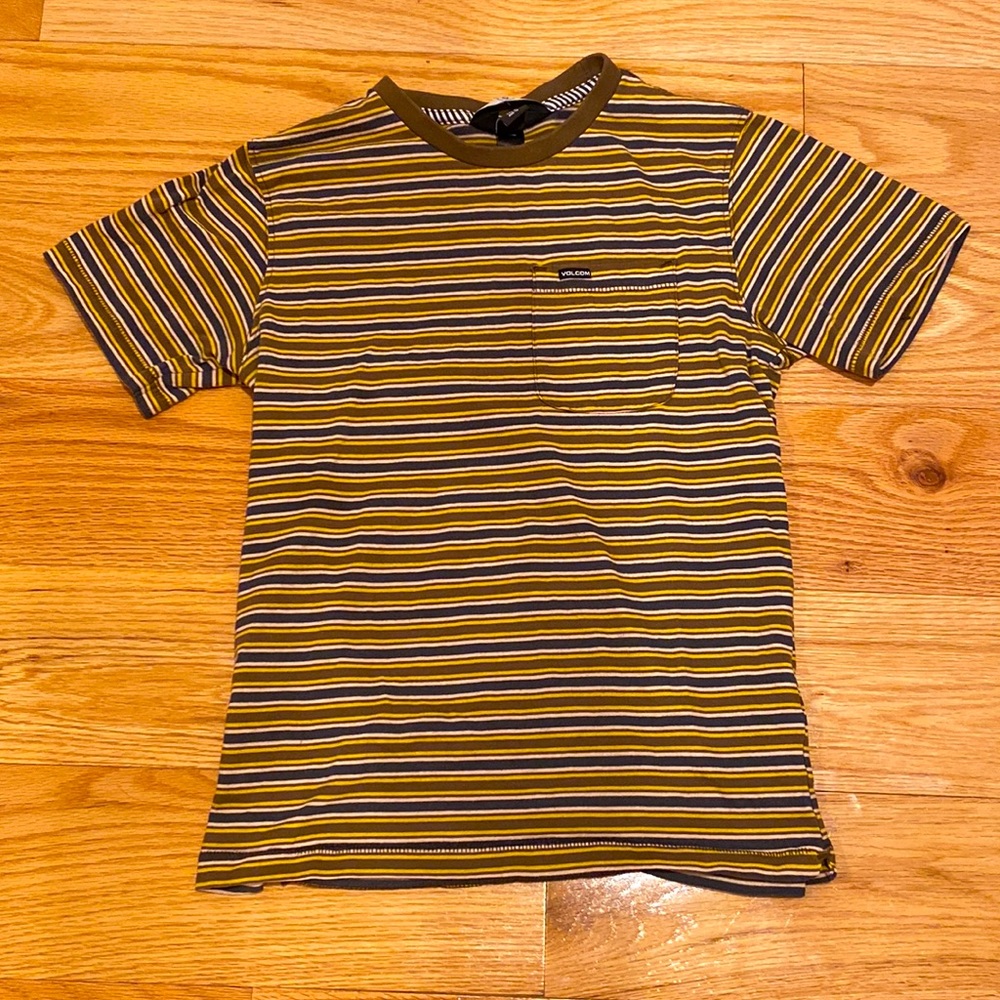 Striped Volcom shirt green and yellow size 10 kids